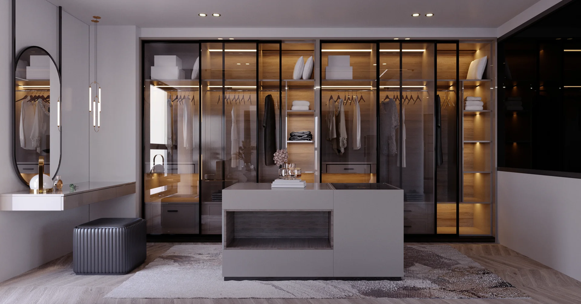 Walk-in closet with illuminated shelving, tailored storage and a central island