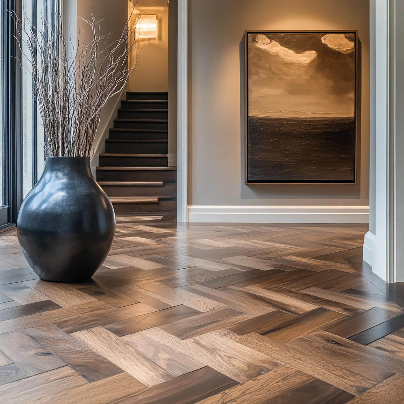 Rich herringbone wood flooring in an elegant interior