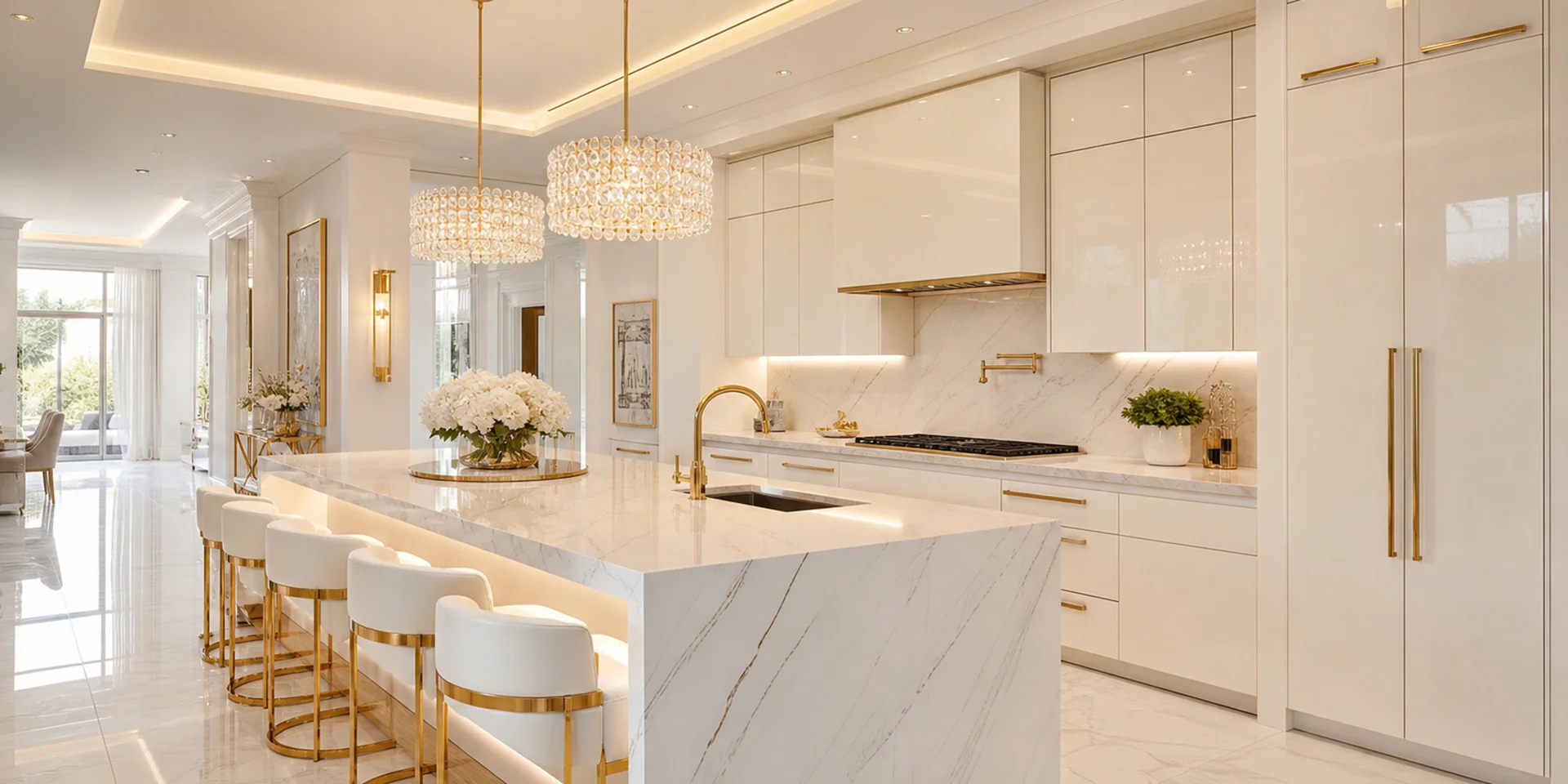 Refined ivory kitchen with custom cabinetry, marble island and warm gold accents
